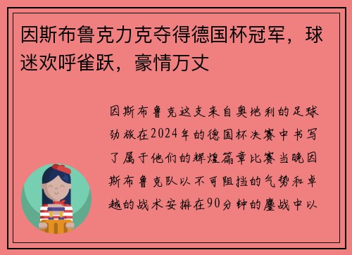 因斯布鲁克力克夺得德国杯冠军，球迷欢呼雀跃，豪情万丈