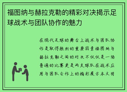 福图纳与赫拉克勒的精彩对决揭示足球战术与团队协作的魅力