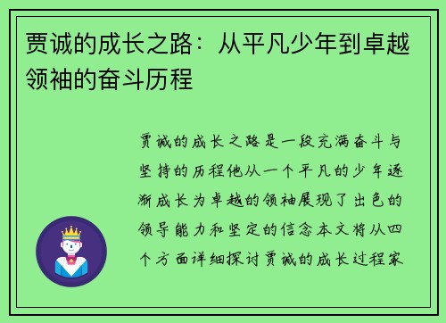 贾诚的成长之路：从平凡少年到卓越领袖的奋斗历程