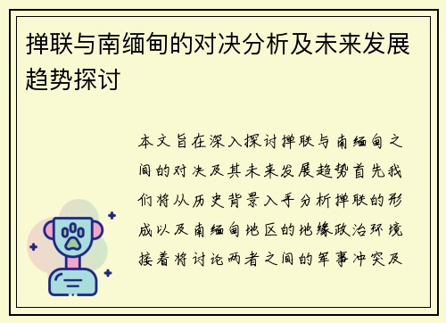掸联与南缅甸的对决分析及未来发展趋势探讨