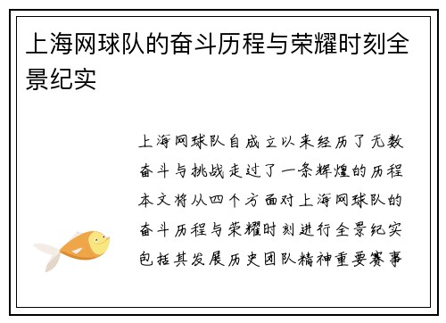 上海网球队的奋斗历程与荣耀时刻全景纪实