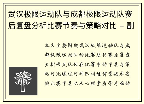 武汉极限运动队与成都极限运动队赛后复盘分析比赛节奏与策略对比 - 副本
